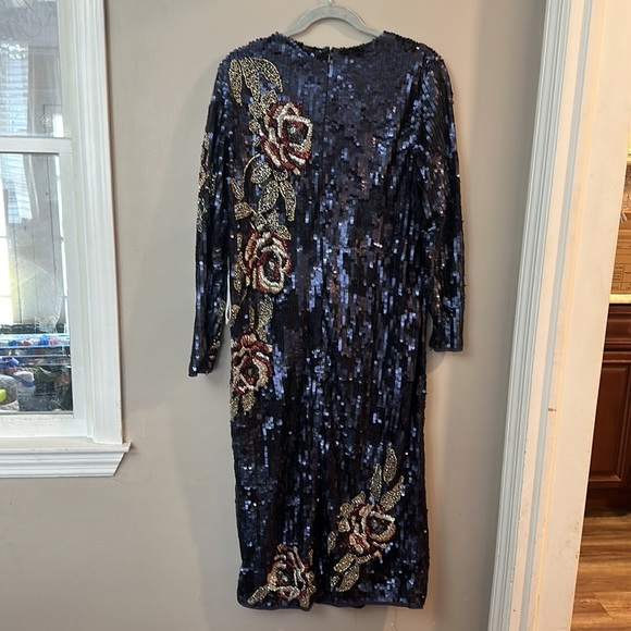 NWT Mac Duggal Sequined Asymmetrical Floral Long Sleeve Midi Dress 93624 - Picture 8 of 8